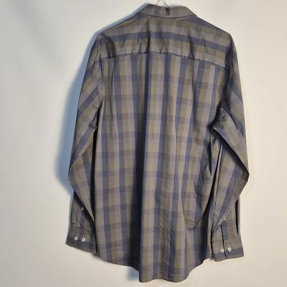 Cole Haan Men L Button Down Blue Gray Plaid Check Long Sleeve Cotton Blend - Picture 2 of 6
